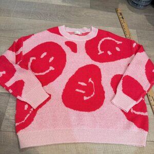 ALTAR'D STATE WOMENS SMALL OVERSIZE SMILEY FACE PINK SWEATER